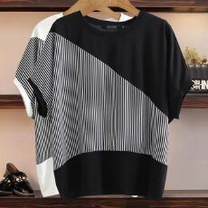 批发加肥<b class='q'>加大码</b><b class='q'>女装</b>韩版蝙蝠衫上衣夏装条纹撞色短袖时尚学生宽松T恤