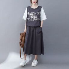 批发特大码300斤高级感休闲半身裙两件套女夏胖MM宽松撞色ins上衣套装