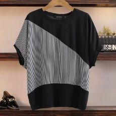 批发妈妈条纹短袖t恤宽松显瘦遮肚加肥加大码<b class='q'>中老年女装</b>夏装新款上衣