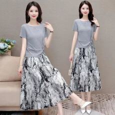 批发夏季短袖显瘦洋气气质<b class='q'>时尚</b>新款半身裙<b class='q'>大码</b>两件套印花减龄裙子套装