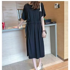 批发胖mm女装夏季韩版宽松<b class='q'>大码</b>T恤长裙绑带收腰显瘦遮肚子过膝连衣裙