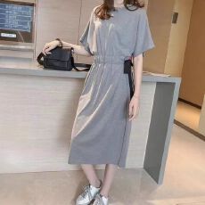 批发胖mm女装夏季韩版宽松<b class='q'>大码</b>T恤长裙绑带收腰显瘦遮肚子过膝连衣裙