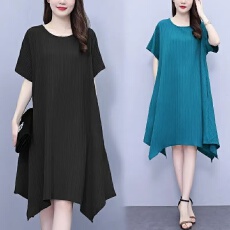 批发夏季新款气质不规则连衣裙<b class='q'>大码</b>宽松显瘦减龄纯色遮肚显中长款裙子