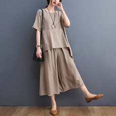 批发妈妈<b class='q'>大码</b>2026夏季新款套装女不规则设计宽松休闲遮肉阔腿裤两件套