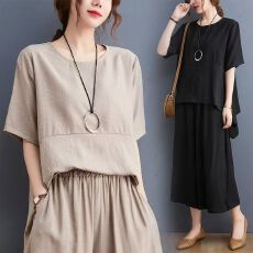 批发妈妈<b class='q'>大码</b>套装女不规则设计上衣显瘦宽松薄款透气阔腿两件套