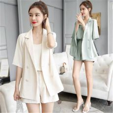 批发<b class='q'>大码</b>女装夏装新款遮肉气质吊带西装外套显瘦短裤三件套装女