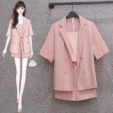 批发<b class='q'>大码</b>女装夏装新款遮肉气质吊带西装外套显瘦短裤三件套装女