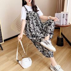 批发夏季高腰薄款<b class='q'>背带裤</b>女哈伦宽松九分裤小个子显瘦阔腿束脚连衣裤子