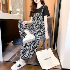 批发美式潮流<b class='q'>背带裤</b>女套装夏季扎染<b class='q'>大码</b>显瘦宽松时尚减龄吊带裤两件套