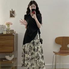 批发胖mm大码连衣裙<b class='q'>女装</b>收腰显瘦衬衫裙拼接碎花V领不规则国风长裙子