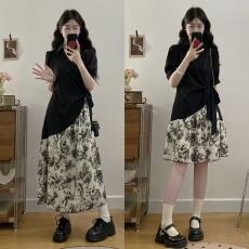 批发胖mm大码连衣裙<b class='q'>女装</b>收腰显瘦衬衫裙拼接碎花V领不规则国风长裙子