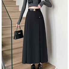 批发韩版西装假口袋女春秋高腰遮胯a字裙高个子显瘦中<b class='q'>长款</b>百褶裙