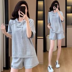 批发时尚休闲短袖套装女夏季新款洋气宽松连帽<b class='q'>运动服</b><b class='q'>百搭</b>短裤两件套