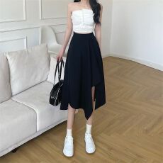 批发不规则半身裙<b class='q'>女</b>胖mm设计感高腰小个子显瘦中长裙遮<b class='q'>跨</b>垂感伞裙黑色