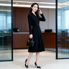 批发2026春装长袖连衣裙女中长款春秋季新款大码修身<b class='q'>显瘦</b>中长款小黑裙