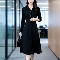 批发2026春装长袖连衣裙女中长款春秋季新款大码修身<b class='q'>显瘦</b>中长款小黑裙