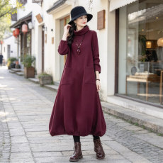 批发长袖<b class='q'>连衣裙</b>女2026春秋新款女装复古<b class='q'>高领</b>大码宽松显瘦中长款裙子