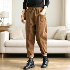 批发新品灯芯绒<b class='q'>女</b>裤高腰大码休闲裤宽松显瘦哈伦萝卜裤九分<b class='q'>长裤</b>秋冬款