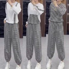 批发时尚套<b class='q'>装</b>女2026秋季新款韩版时尚洋气条纹拼接<b class='q'>上衣</b>加束脚<b class='q'>裤</b>两件套
