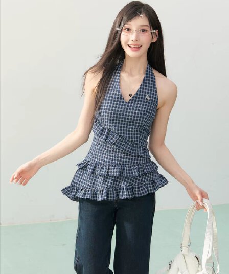 여름 행침 목 민소매 여성 드레스 2026 한 부서 핫걸 한 마디 체크무늬 백리스 슬립 치마
