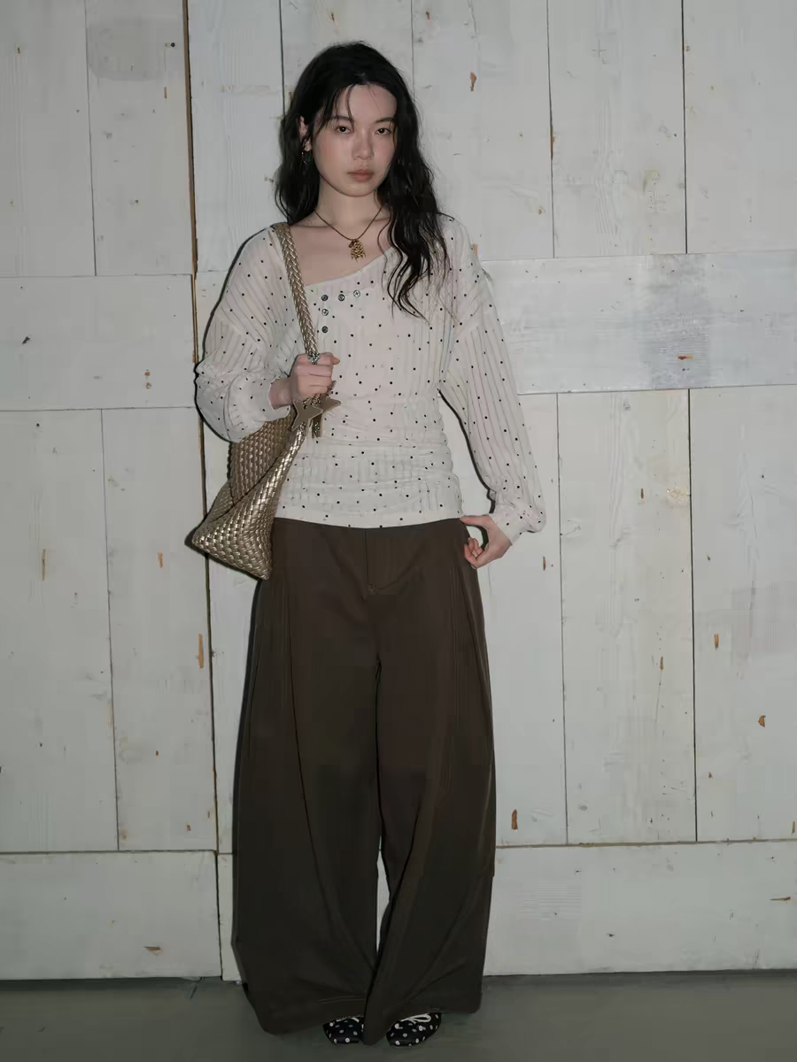 echochic 같은 단락 살구 서리 쌀 화이트 도트 무늬 포장 몸 비스듬한 어깨 긴팔 시스루 단추 디스플레이 허리 느긋한 디자인