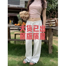 批发白色亚麻阔腿裤 松紧垂感韩系温柔松弛日常长裤 春夏清新百搭