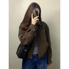 批发2025秋季新款咖色翻领高级感小个子短款时尚休闲<b class='q'>棒球</b>服夹克外套女