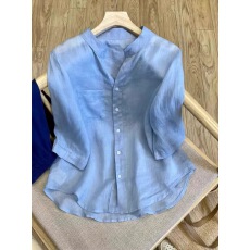 批发简约舒适亚麻蓝色五分<b class='q'>袖</b>衬衫女夏季轻薄小众宽松洋气通勤<b class='q'>上衣</b>
