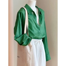 批发复古森绿色亚麻棉麻衬衫女夏季2025款<b class='q'>外</b><b class='q'>搭</b>防晒上衣