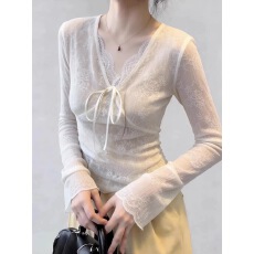 批发法式系带蝴蝶结v领长袖t恤女2026春季新款修身绝美蕾丝打底衫上衣