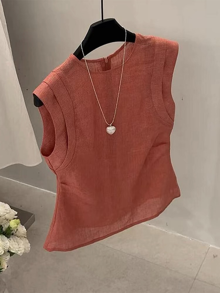자이언트 잘 생긴 주황색 라운드 넥 Feifei 소매 여성 셔츠 여름 미니멀리즘 Chic 작은 셔츠 마 재료 혼방 맨위