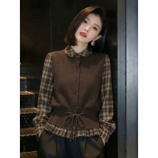 批发时尚咖色针织系带马甲套装女2026春季新款时尚显瘦格子衬衫两件套