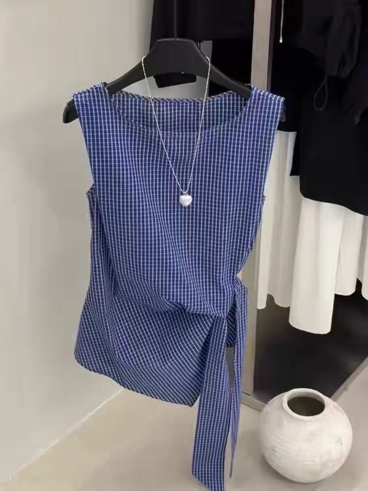 암소 x 물품 자이언트 버스트 파란색 체크무늬 민소매 조끼 여성 셔츠 여름 불규칙 허리 수축 측면 스트랩 맨위