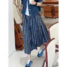 批发蓝色印花格纹半身裙女2026夏季新款高腰显瘦气质<b class='q'>百搭</b>A字裙中长裙