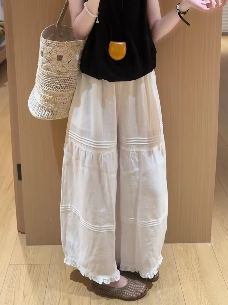 강력 추천 레이스 패치워크 플리츠 와이드 레깅스 바지 여름 새로운 한 부서 루즈핏 다용도 슬림해 보이는 캐주얼 바지