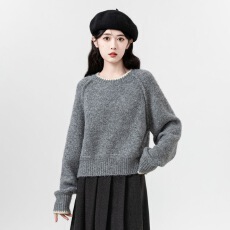 批发已出货 日系高级感复古宽松套头圆领短款灰色毛衣女秋<b class='q'>冬</b>季