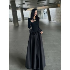 已出货 新中式国风复古长袖盘扣黑色长款蓬蓬裙女秋季显瘦长裙