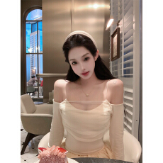 批发已出货【人棉270克】一字肩网拼接长袖T恤女秋季纯欲风设计感显