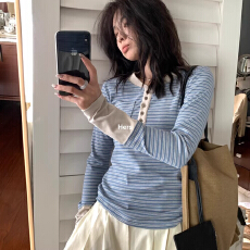 批发已出货 原版做工条纹长袖T恤女2025秋季复古休闲亨利领上衣