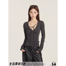 批发已出货 人棉随心裁春秋新款简约碳灰<b class='q'>V领</b>长袖<b class='q'>T</b><b class='q'>恤</b>系带修身显瘦