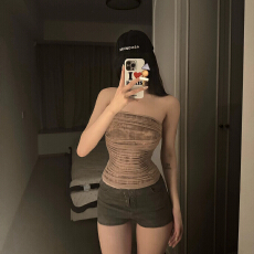 批发已出货 美式辣妹一字肩上衣女新款性感修身显瘦外穿网纱抹胸吊带