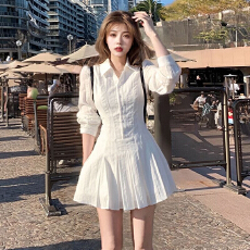 批发已出货 学院风白色长袖衬衫<b class='q'>连衣裙</b>女设计感POLO领百褶短裙子