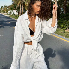 批发已出货 跨境纯棉衬衫长裤套装欧美春<b class='q'>夏</b>新款宽松长袖衬衫休闲套装