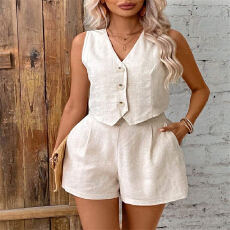 批发跨境欧美夏季休闲通勤前扣背心和短裤套装V领背心<b class='q'>秋</b>季服装v领