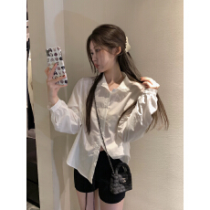 批发已出货 opening白茶月光花边翻领纯色宽松长袖衬衫女韩系白色上衣