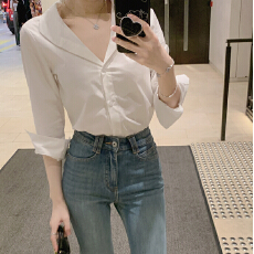 批发已出货  露思同款白色衬衫女春秋宽松V领设计感小众气质百搭上衣
