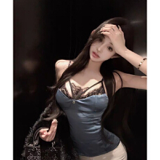 批发缎面蕾丝吊带背心女秋<b class='q'>冬</b>纯欲辣妹性感v领抹胸鱼骨上衣打底衫内搭