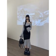 批发已出货假两件<b class='q'>露肩</b>长袖<b class='q'>连衣裙</b>秋新款女鱼尾裙长裙设计感小众裙