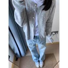 批发已出货早秋季灰白波点慵懒<b class='q'>日系</b>穿搭女2026新款针织开衫软糯毛衣