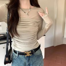 批发已出货拼接长袖t恤女修身内搭甜美短款上衣正肩打底衫